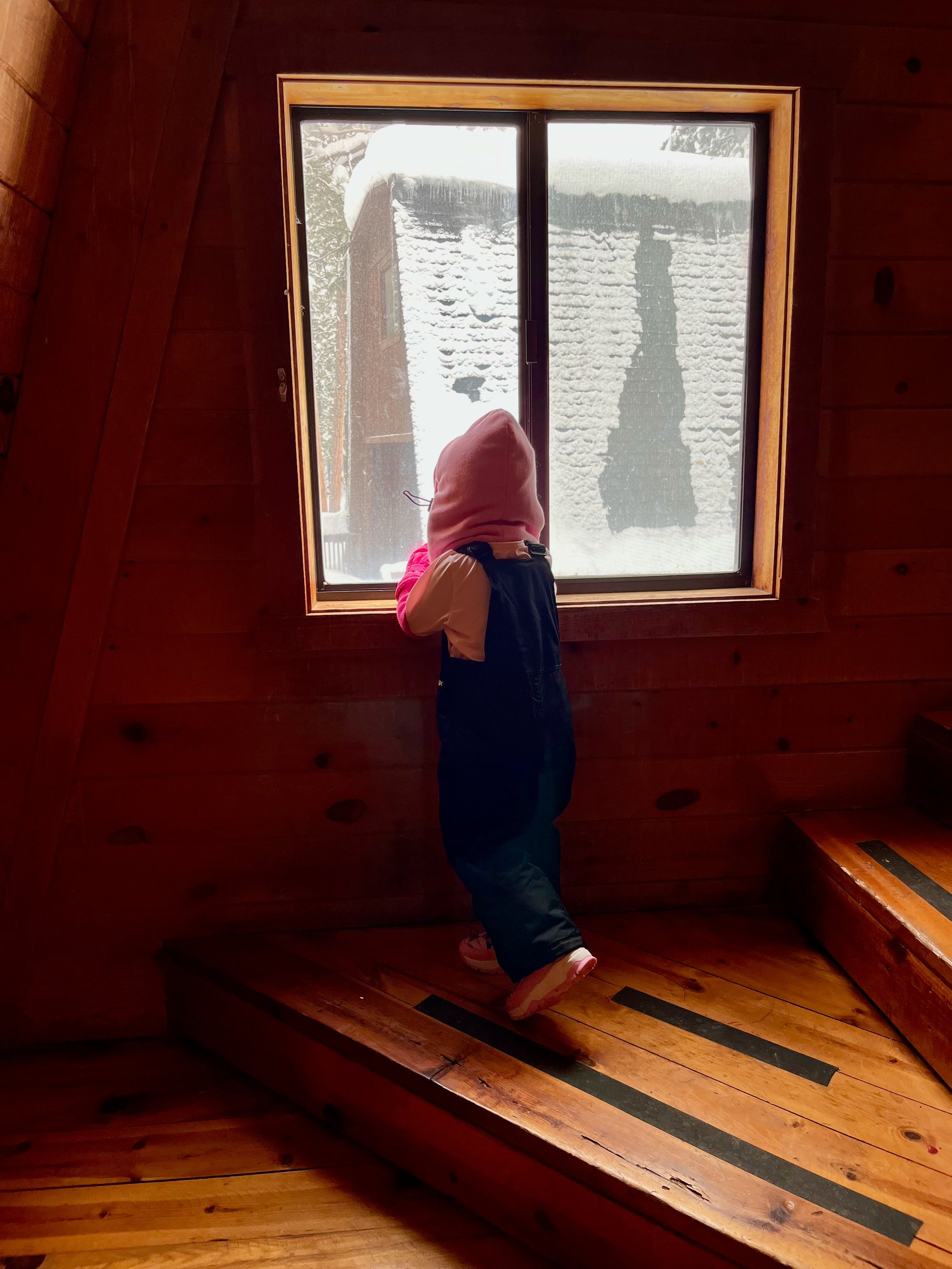 My 3yo daughter, dressed in snow gear, looking out the window at the snow in Flagstaff.