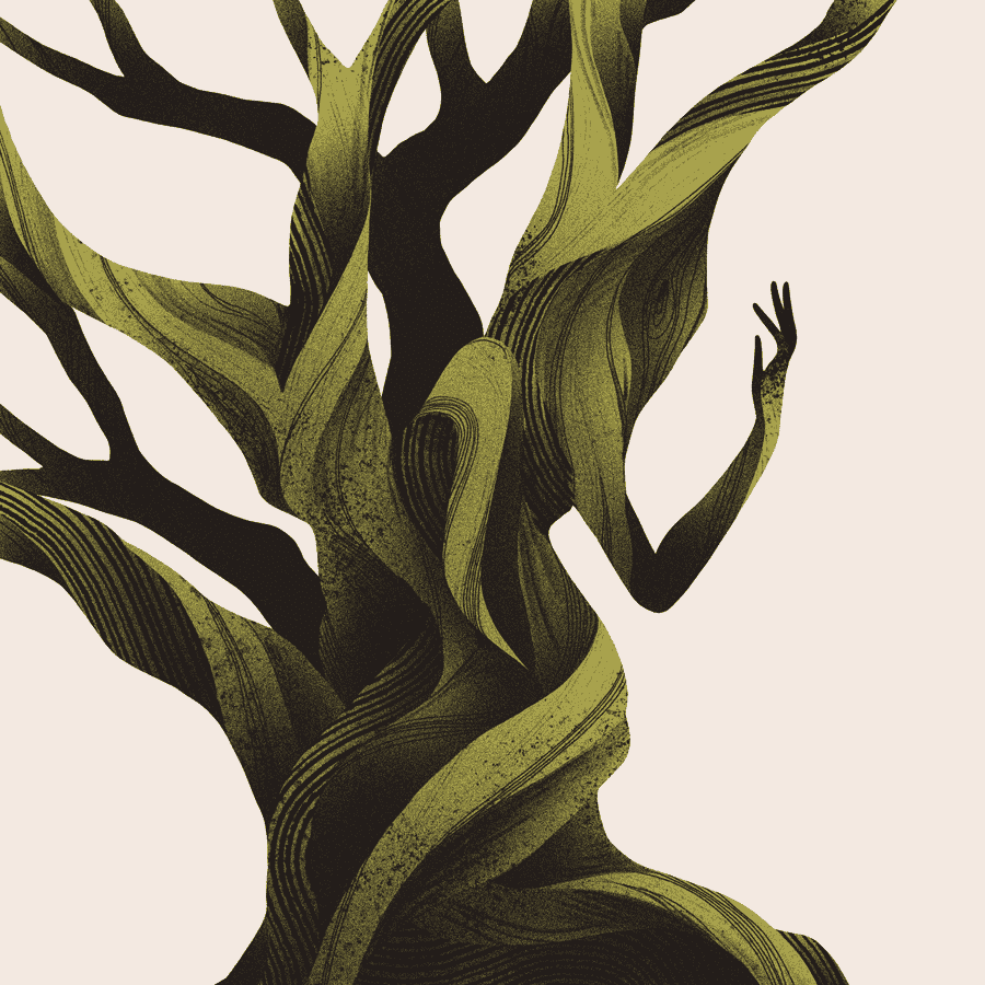 The two figures from the first album have grown entirely together and become a green tree. One arm and hand are still visible.