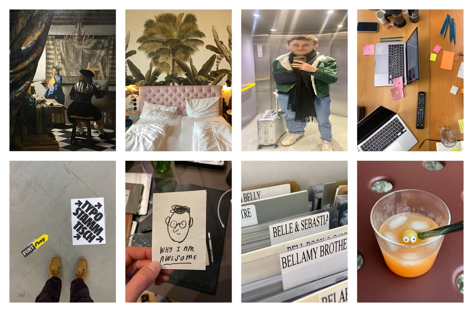 Collage from April 2024: paininits, me in Vienna, a summer drink, a workshop with post-its