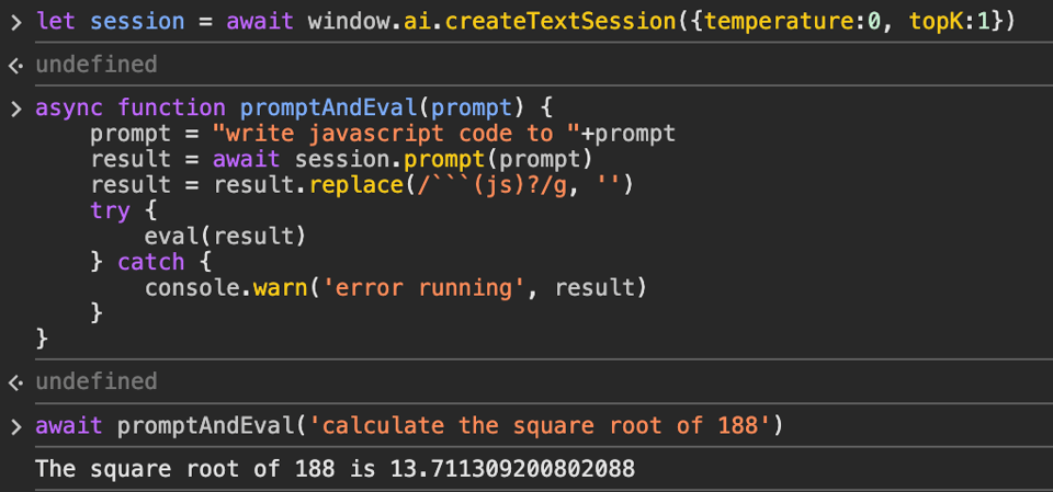 Screenshot showing Gemini Nano generating JavaScript to answer the square root of 188
