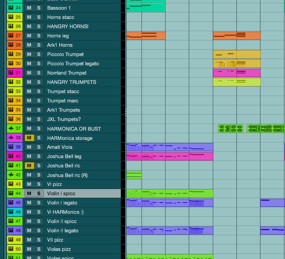 a screenshot of an orchestral mockup WIP in Cubase DAW