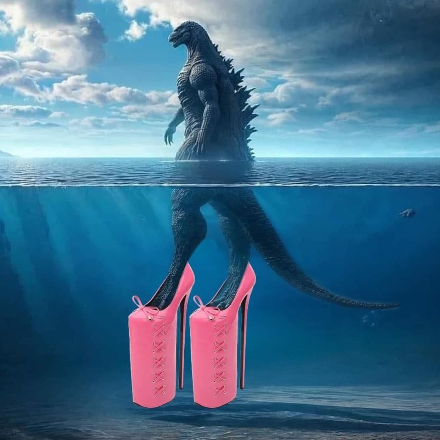 Godzilla walking through the ocean, with her legs beneath the water - she's wearing HUGE, bright pink high heels, which help her stand tall above the water..