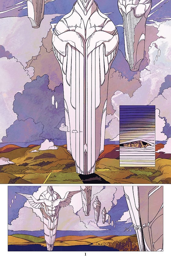 White headless statues descend earth. A white man watches from behind window blinds.