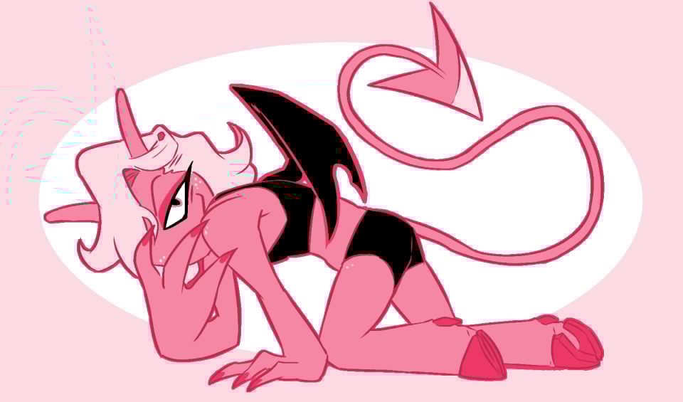 very pink art of my impsona, Baz, crawling on their hands and knees and peering through their fingers.