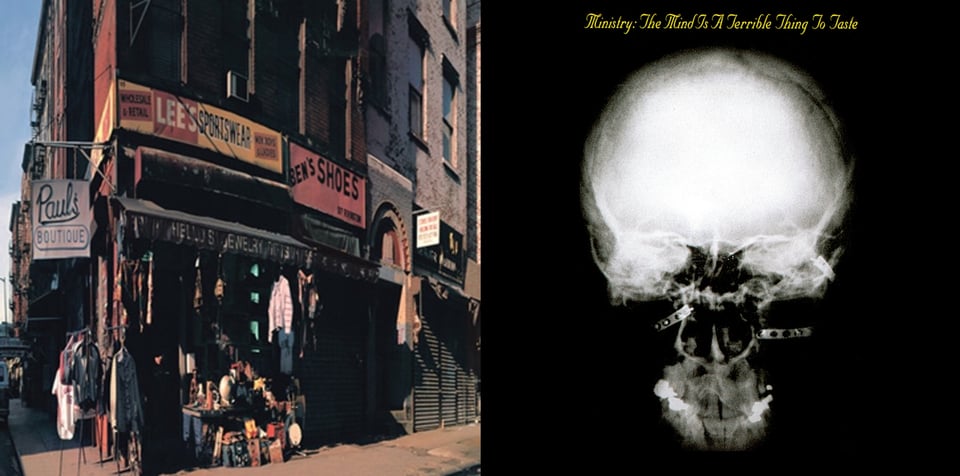 First pic: A photograph of a street corner in New York. There is a store called Paul's Boutique on the corner, as indicated by the sign that hangs over the sidewalk to the left. Above the store is a tall brick edifice, presumably apartments. On the sidewalk are clothes hanging from awning as a display, as well as a table with all sorts of objects on it, but difficult to identify any one object. There are two additional signs on the building, just below the brick edifice: "Lee's Sportswear" and "Ben's Shoes.”  Second pic: On a black background, an X-ray of a human skull. There appear to be metal bracers or attachments of some kind within the flesh of the head, two near the nasal area and one on the right side near where the ear would be.