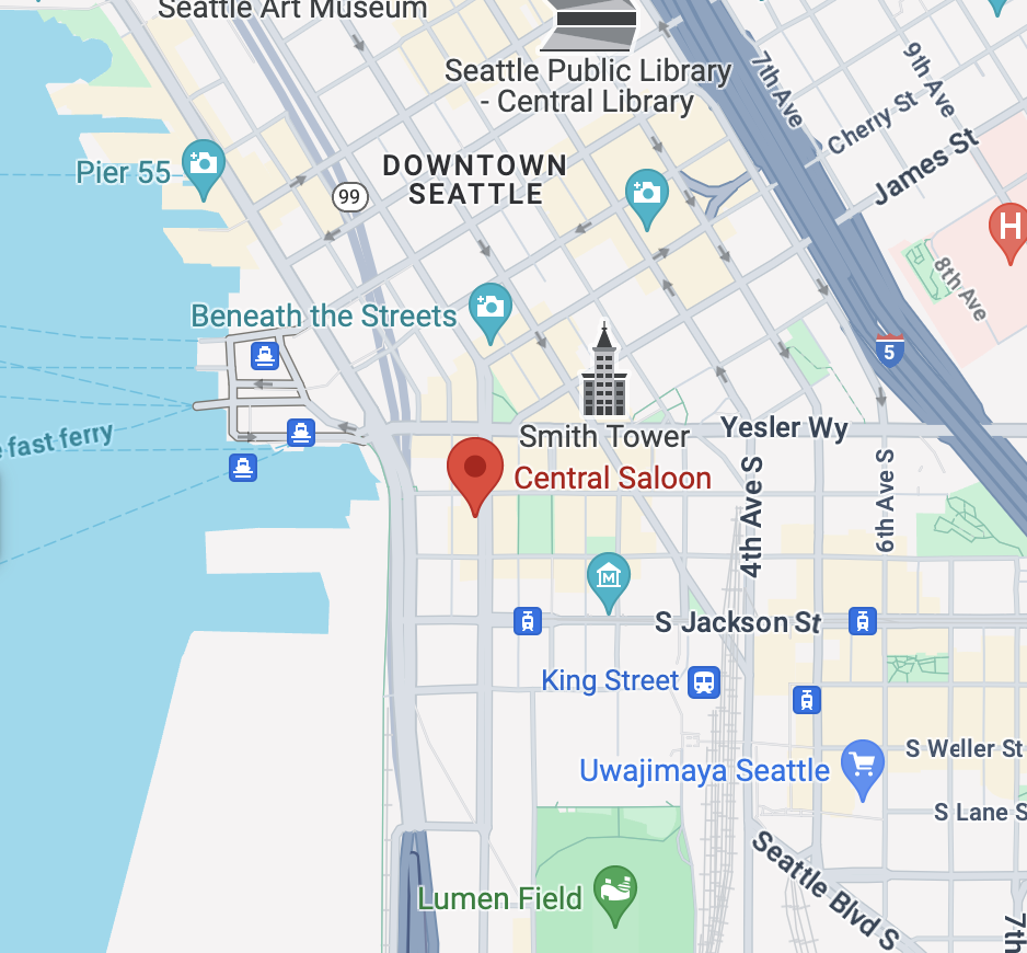 Map of the area around Pioneer Square where the Central Saloon is located.