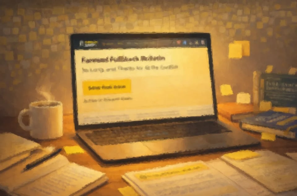 Painterly illustration of a warm, softly lit desk scene with a laptop open to the FullStack Bulletin farewell page, surrounded by a coffee mug, notebooks, books, sticky notes, and scattered papers, evoking a reflective final-send moment