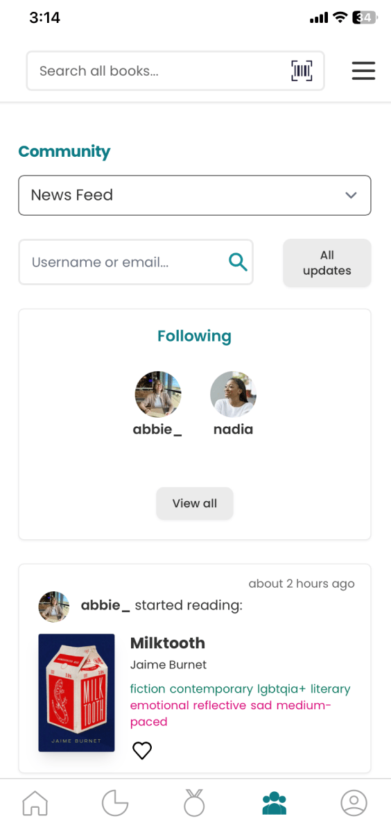 StoryGraph Community page on mobile with the News Feed selected. It shows a Following section and an update where abbie_ started reading Milktooth by Jaime Burnet, with genre tags like fiction, contemporary, LGBTQIA+, literary, emotional, reflective, sad, and medium-paced.