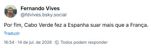 Post de Fernando Vives (@fdvives.bsky.social): Por fim, Cabo Verde fez a Espanha suar mais que a França.
