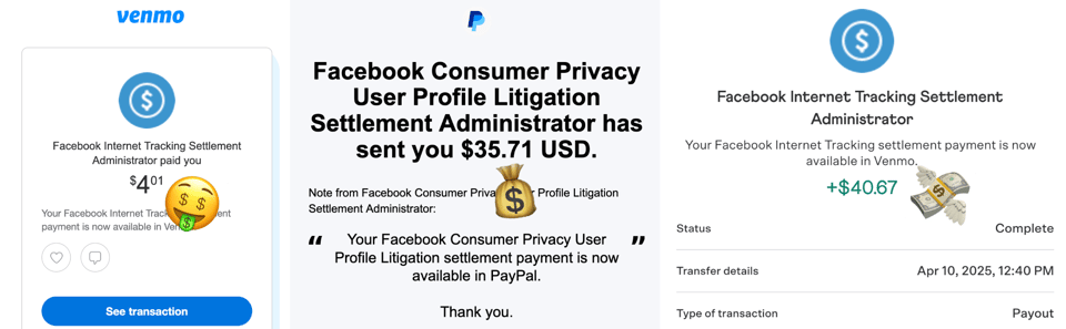 three screenshots of Venmo and Paypal transactions from class-action lawsuits against Facebook