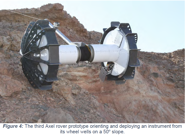A prototype of Axel, the tethered rover Moon Diver is built on, deploying an instrument on a 50° slope. From NASA JPL.