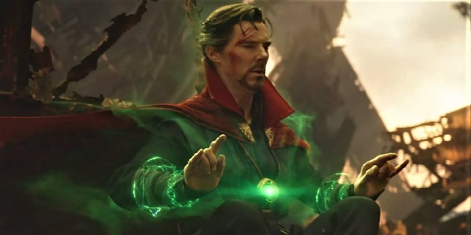 Dr Strange doing a weird meditation dance and predicting the future in Avengers: Infinity War. He's floating in lotus position and moving green swirlies around with his hands.