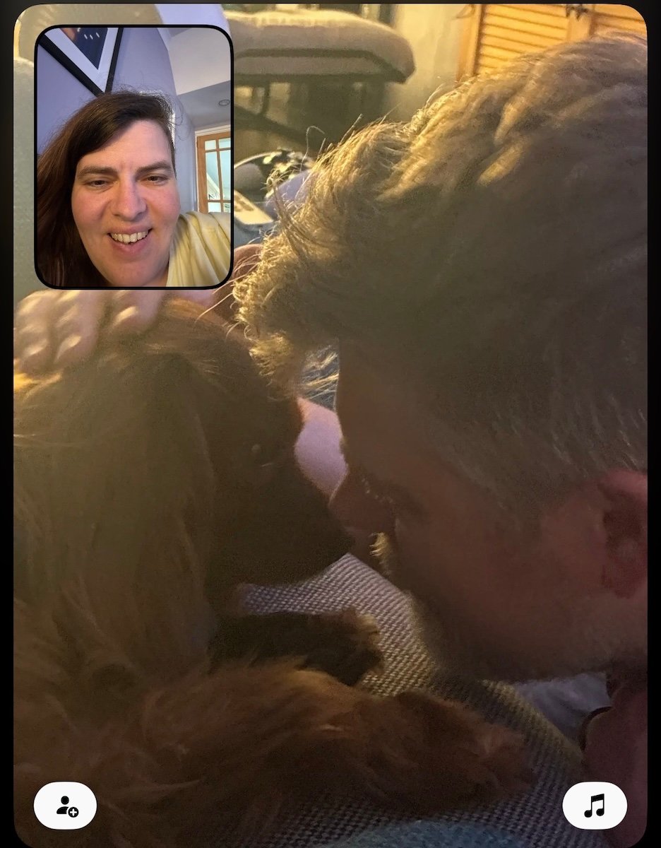 An image from the BeReel app with a cute dog, a cute lady and a grey-bearded gentleman.