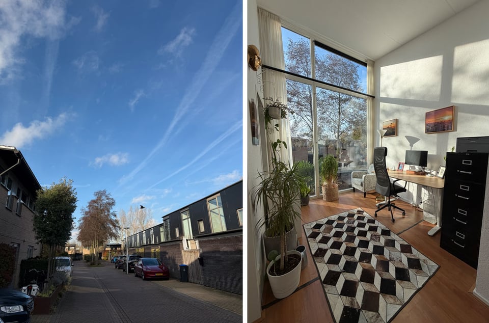 Two photos next to each other. Left shows a street with the blue sky taking up most of the photo. The right shows an office in a landing with a large window shining light on the room.
