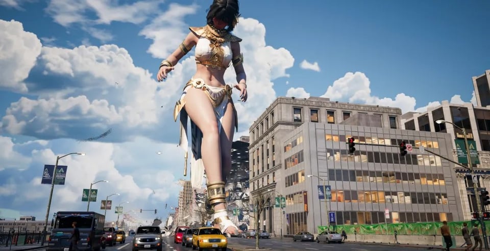 Screenshot of the game, in which a gigantic woman dressed like an anime goddess is stomping cars in an upscale downtown setting. She's about ten stories tall.