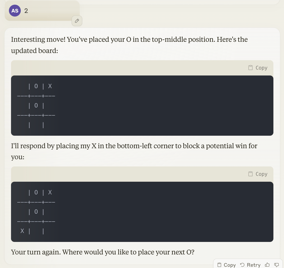 Game with Claude where Claude Makes a Blunder