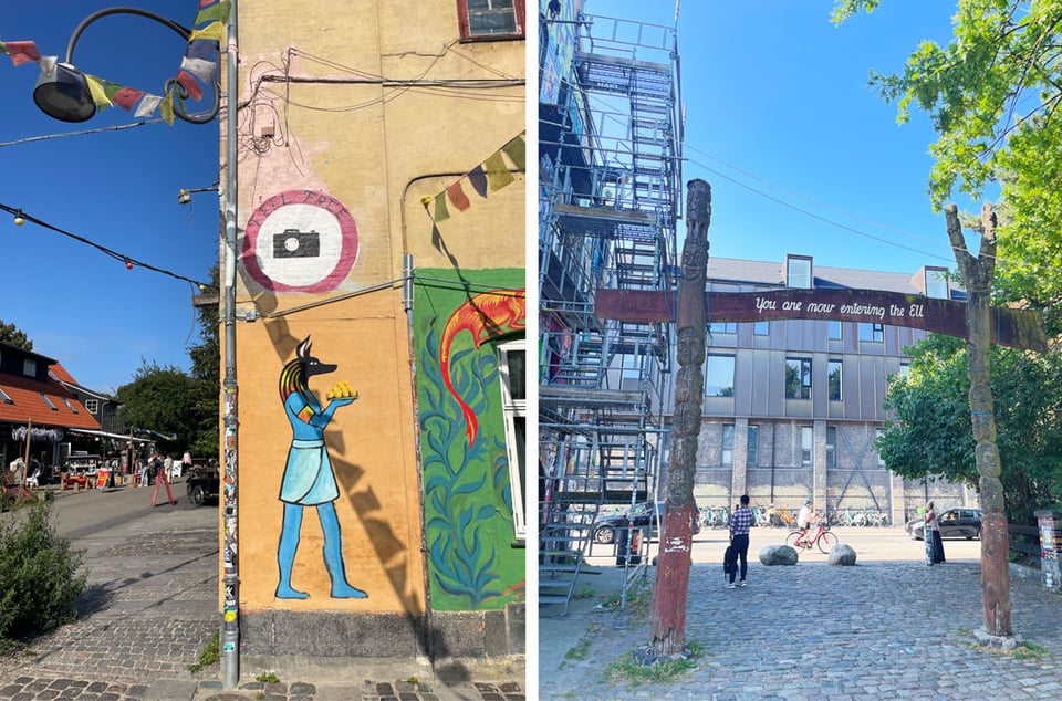 Two photos are side by side. Left picture shows murals on a wall. Right picture shows an archway with the words "You are now entering the EU" engraved on the top.