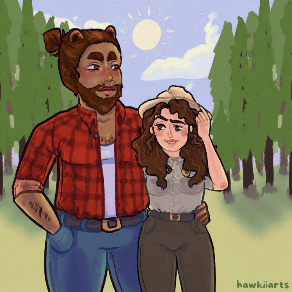 Another version of the same illustration, this time showing a man with a beard, long hair pulled back in a bun, and bear ears.