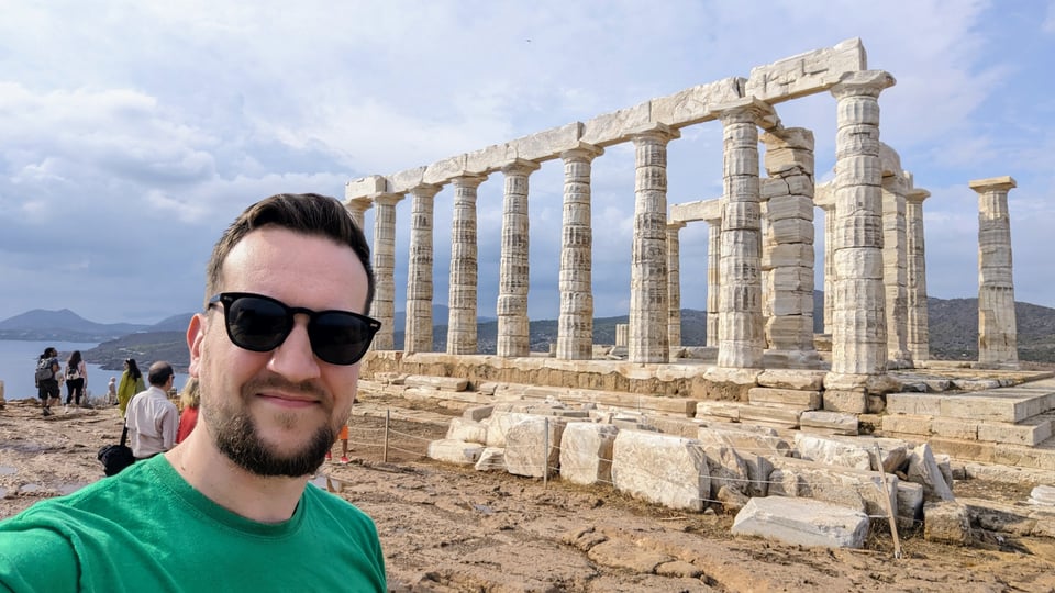 A selfie of Chris taken in front of the Temple of Poseidon at Cape Sounion in Attica.