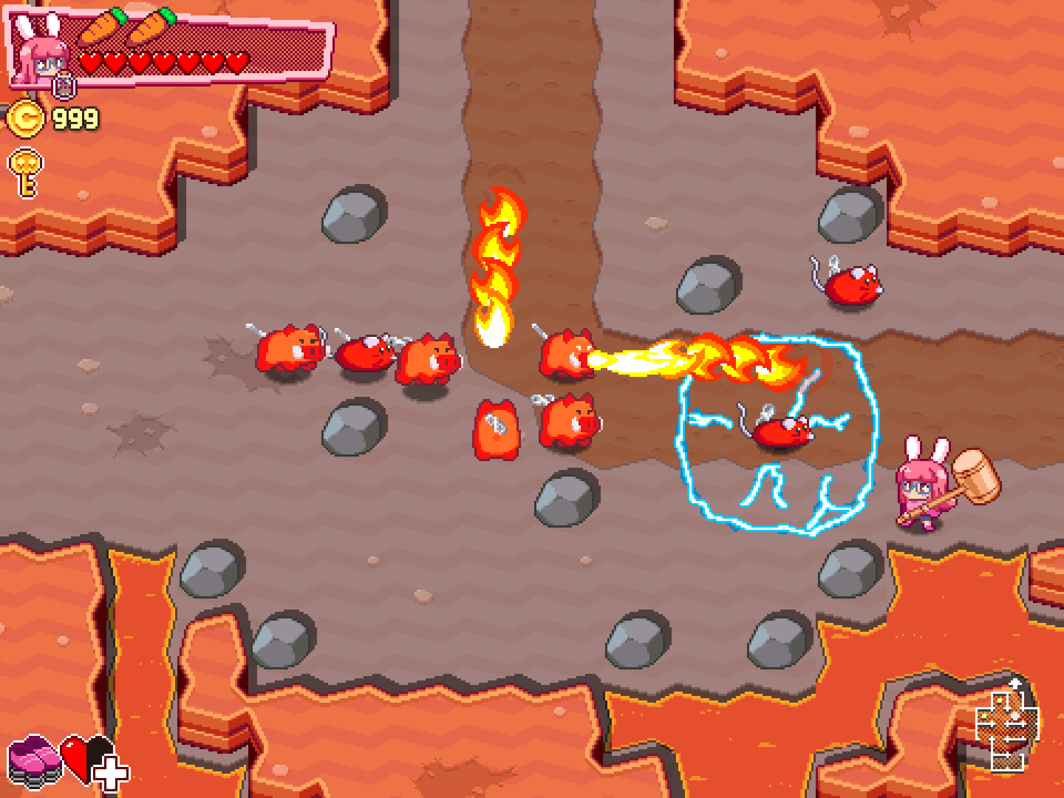 Game screenshot of some enemies in a volcano, with a chunky hexagonal path indented in the ground