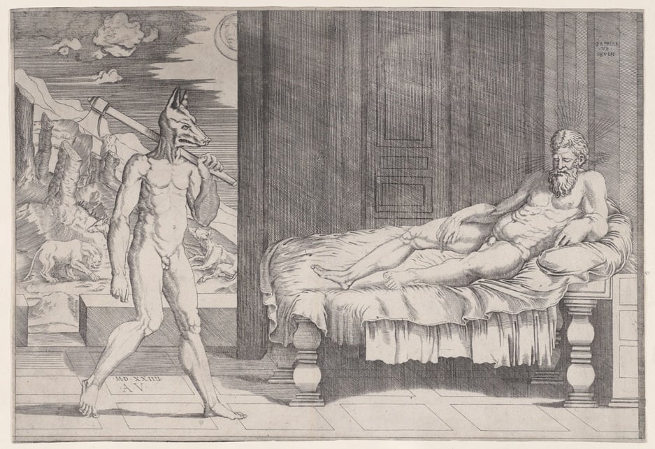 A nude man with a dog-like head hold and axe over one shoulder. He is walking towards another nude man, who is lying on a couch with his head bowed. Rays of light emanate, halo-like, from his head.