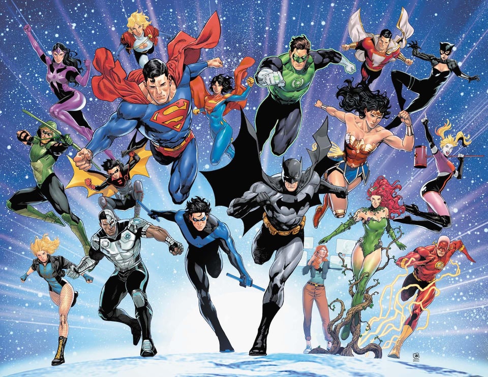 A shot by Daniel Sampere of a bunch of DC characters charging forward.