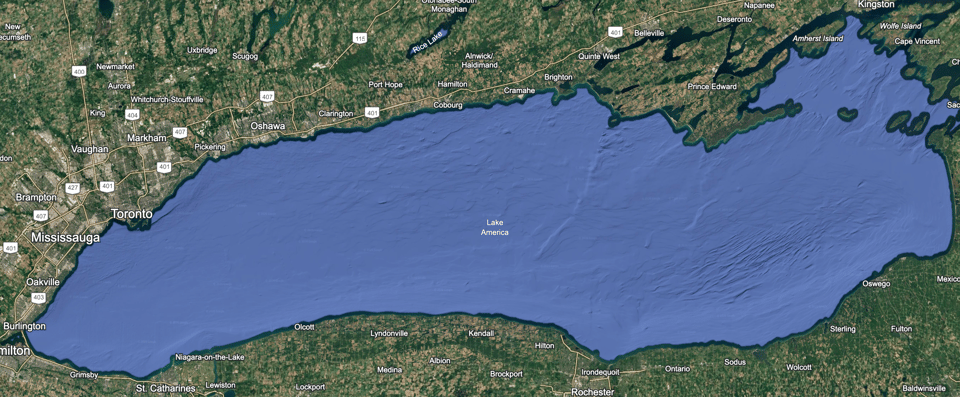 Google Earth screenshot showing Lake Ontario labeled as Lake America