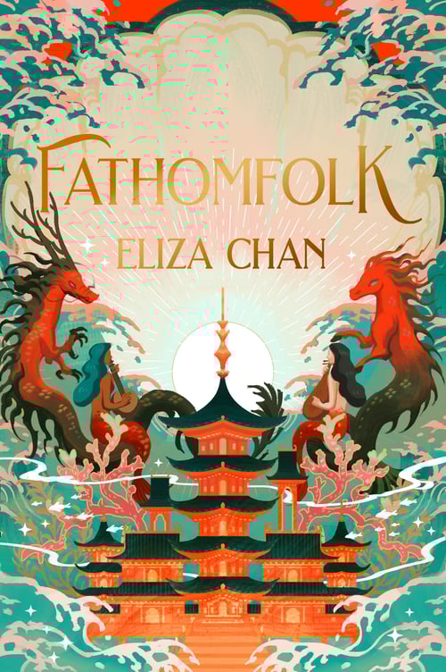 Fantasy book cover image with pagoda house surrounded by sea, mermaids, and mer-dragons