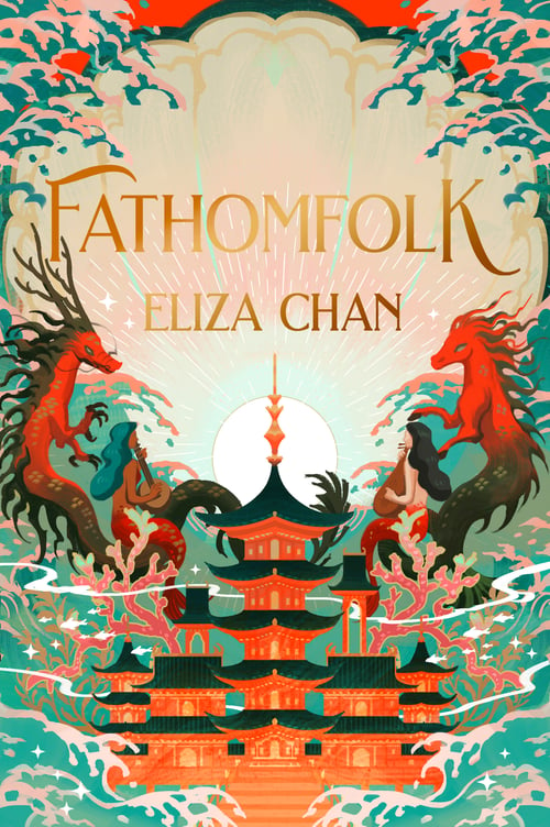 Fantasy book cover image with pagoda house surrounded by sea, mermaids, and mer-dragons