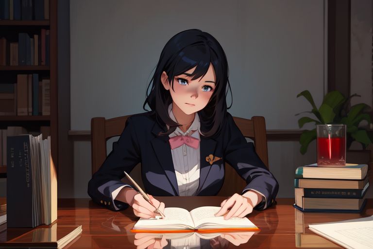 a girl writing at a desk