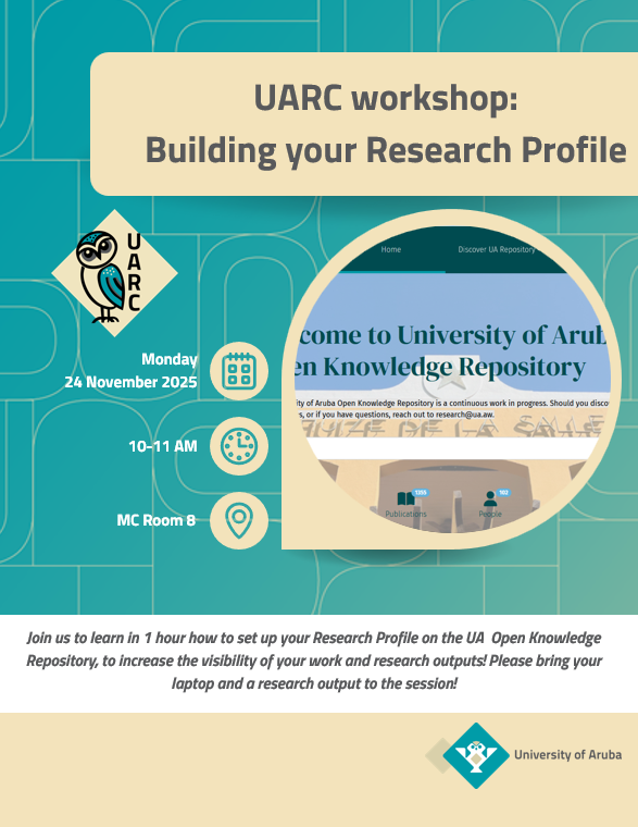 Workshop announcement for the UARC building your Research Profile workshop, taking place on Monday 24 November 2025, from 10-11 AM in the MC room 8. Join us to learn in 1 hour how to set up your Research Profile on the UA Open Knowledge Repository, to increase the visibility of your work and research outputs! Please bring a laptop and a research output to the session!