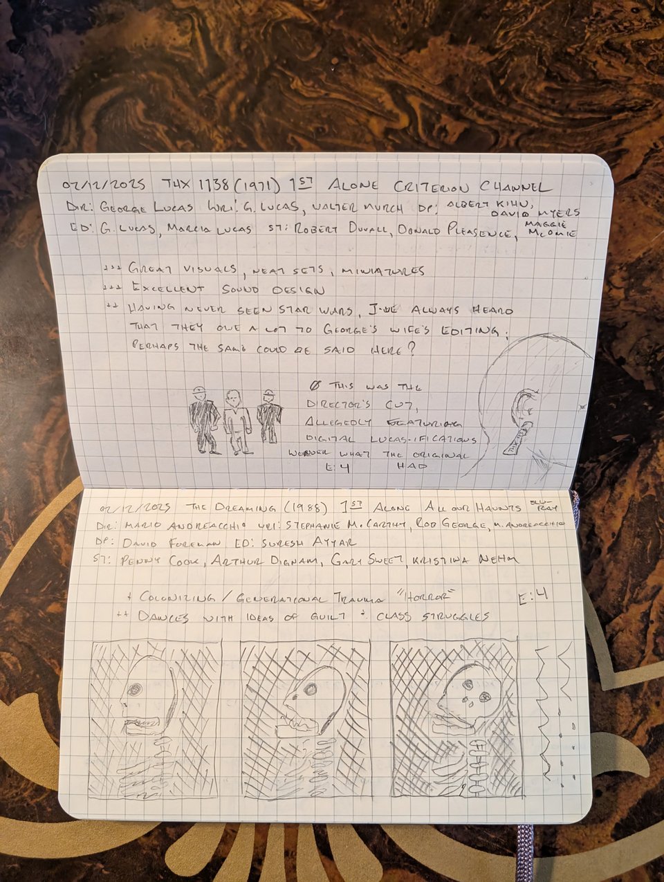 A quad-ruled notebook with handwritten notes/drawings about the movies THX 1138 and The Dreaming.