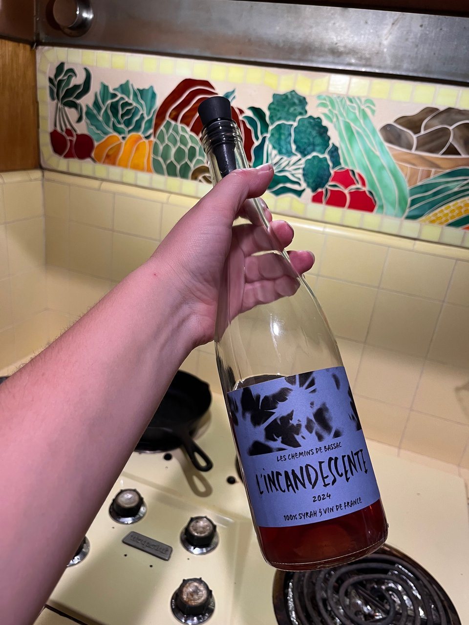 holding a bottle of Syrah in my kitchen