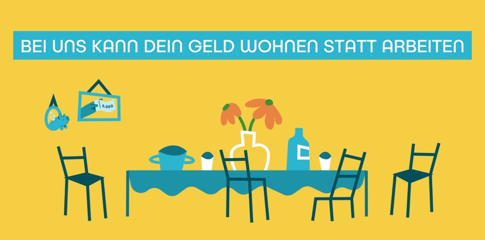 Die Illustration eines gedeckten Tisches mit zwei Bildern an der Wand. Eines mit einem Geldschein, eines mit einem Sparschwein und Münzen. Darüber der Text: Bei uns kann dein Geld wohnen statt arbeiten.