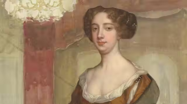 Aphra Behn, a woman with a pretty modern looking asymmetrical curly hairstyle and a heavy-lidded gaze, wearing a slightly low-cut dress