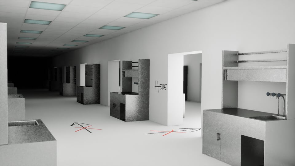 A creepy corridor in grey and white extends into murk