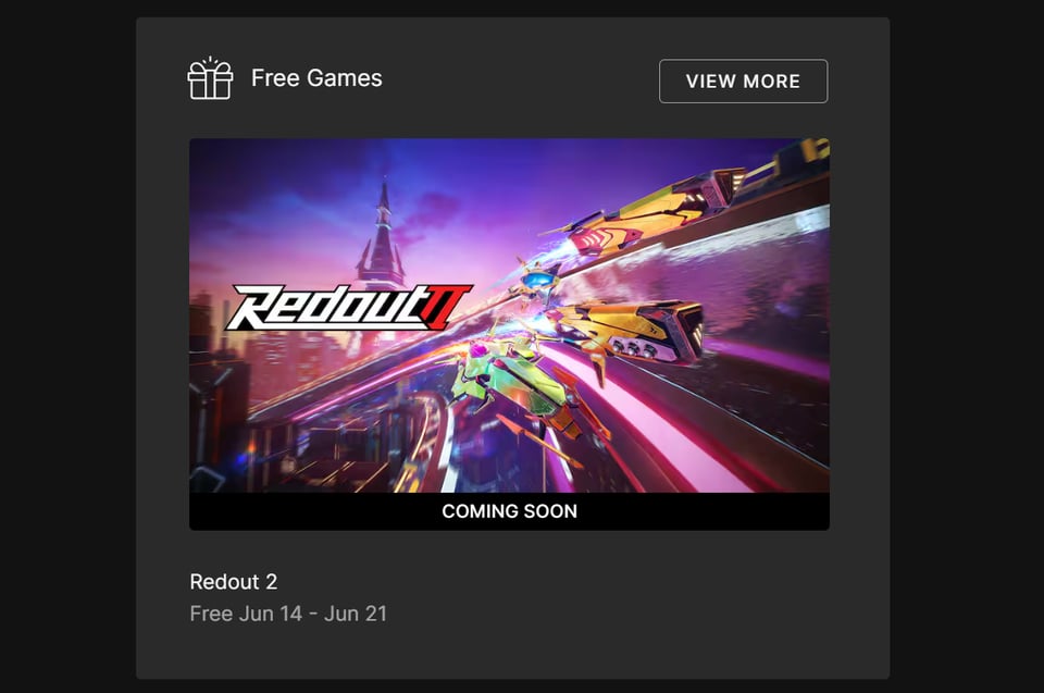 Screenshot of epic games store showing redout 2 will be free June 14 - June 21