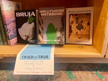 a photo of a bookshelf at Powell's Books in Portland, Oregon. Bruja, Hollywood Notebook, and Excavation book covers are facing out, and there's a handwritten shelf card that reads: Tried and True. Oooh! Check out these underground classics by Wendy C. Ortiz just reissued by Northwestern University Press