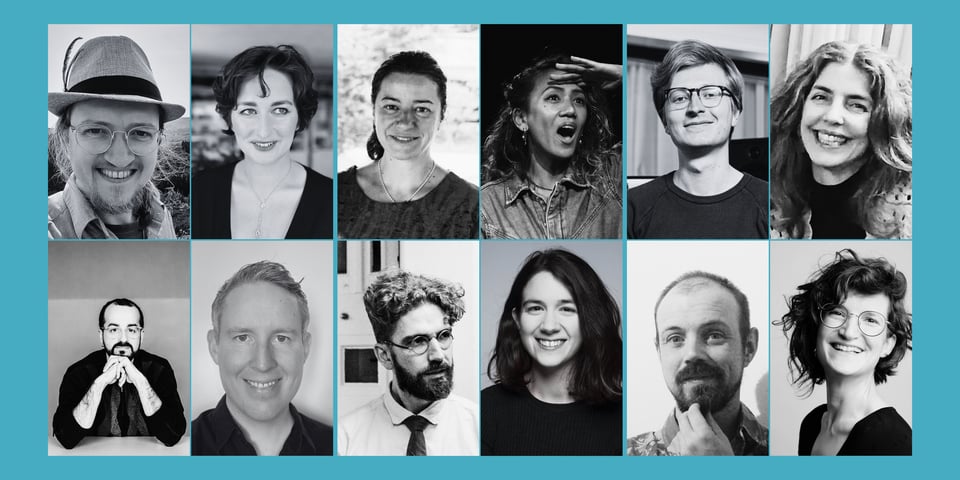 12 headshots on a blue background