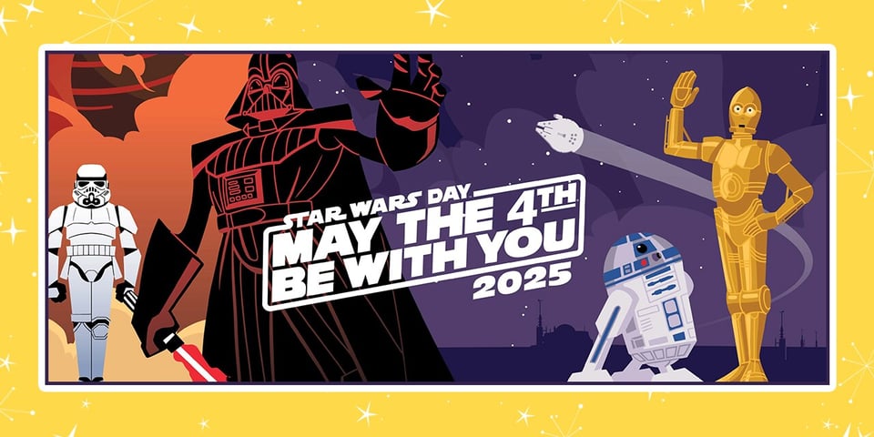 a heading featuring illustrations of a stormtrooper, darth vader, c-3po and r2-d2 with space and the millennium falcon in the background - there is a logo in the middle, colored white, which is the star wars May The 4th Be With You 2025 logo