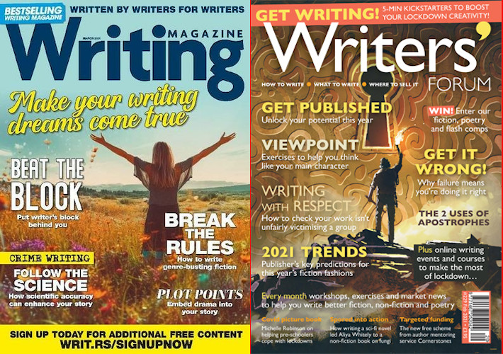 Two cover images side by side. On the left is Writing Magazine. On the right is Writers' Forum.