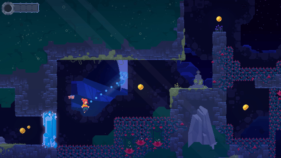 An image from the TetherGeist press kit, showing Mae (the main character) floating with her spirit tethered to her and moving forward as part of solving a puzzle. The atmosphere is moody and dark, as though the scene is set underground.