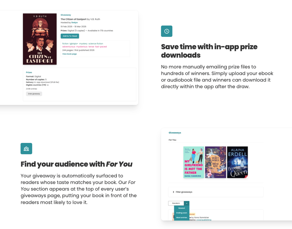 Two feature highlights from the Giveaways page. Top left shows a sample giveaway listing for "The Citizen of Eastport" by V.B. Ruth with book cover, metadata, genre tags, and prize details. Top right describes in-app prize downloads, explaining that authors can upload ebook or audiobook files for winners to download directly. Bottom left describes the "For You" feature that automatically surfaces giveaways to readers whose taste matches the book, with a screenshot of the For You section showing personalised giveaway recommendations.