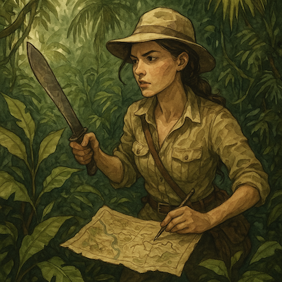 A women explorer in the jungle holds a machete in her right hand and is drawing on a map with the left hand.