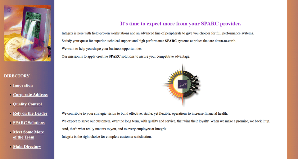 Integrix's website in 1996, with a few links in a sidebar, a few sentences describing the company, and an image of a monitor with a waterfall spilling out of it, atop a pocketwatch in the desert.