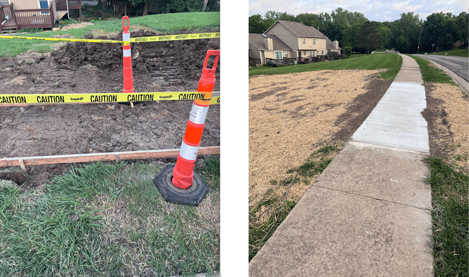 double image, on the left a pile of dirt surrounded by caution tape and safety cones, on the right a freshly poured section of sidewalk and hay covering the muddy field where a sinkhole used to be