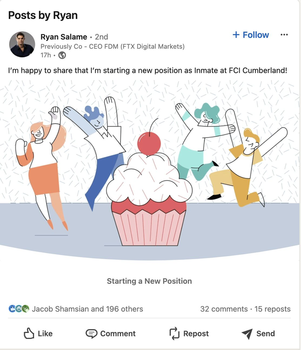 A LinkedIn notice from former FTX executive Ryan Salame, announcing that he's