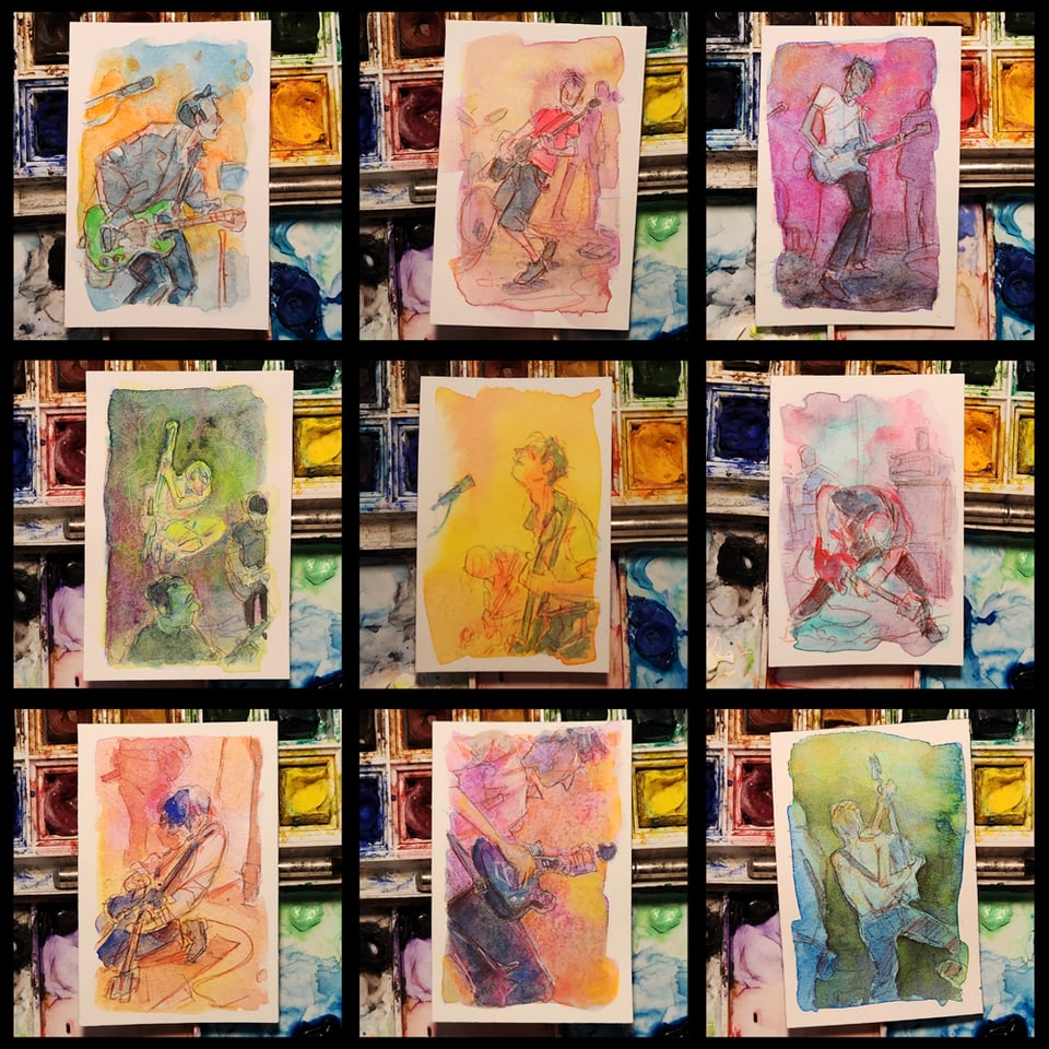 A 3x3 grid of photos of sketchcards.