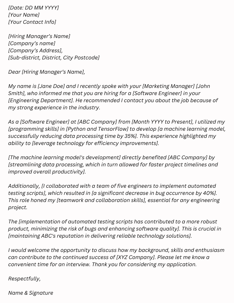 A job application letter from a software engineer detailing experience in machine learning and teamwork, addressed to a hiring manager.