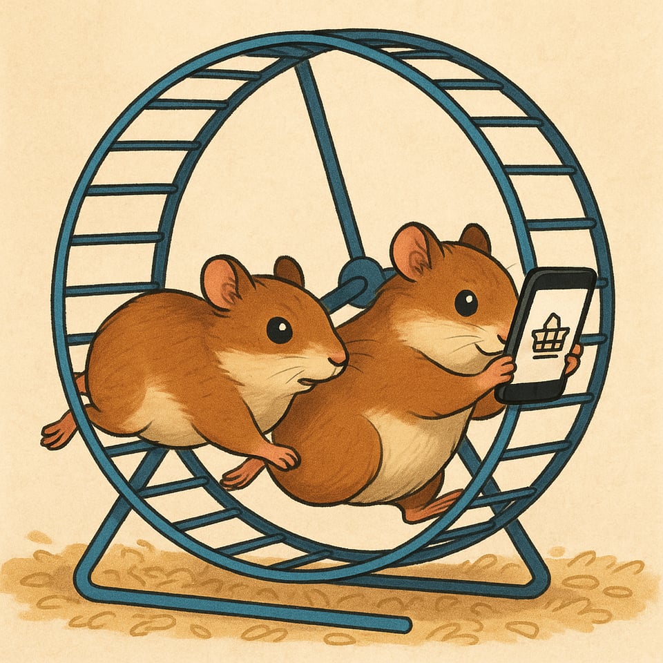 Rats in the wheel, phone in the hands, running